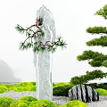 Japanese Style Courtyard Garden With Tall Gray Stone Pine Branch And Trimmed Trees