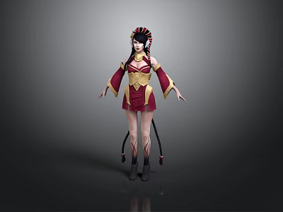3D Female Character Model In Red And Gold Costume With Elaborate Headdress And Twin Ponytails 3d model