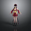 3D Female Character Model In Red And Gold Costume With Elaborate Headdress And Twin Ponytails