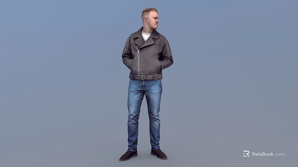 Man Wearing Black Leather Jacket White Shirt And Blue Jeans Standing With Hands In Pockets 3d model 