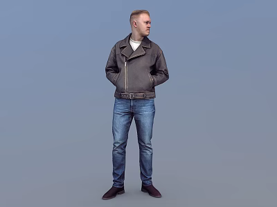 Man Wearing Black Leather Jacket White Shirt And Blue Jeans Standing With Hands In Pockets 3d model