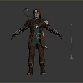 Man In Hooded Brown Tunic With Green Belt Leather Gloves Snake Accessory And Spear
