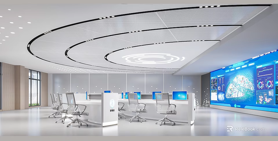 Modern Monitoring Room Interior With Digital Screens And Office Chairs 3d model 