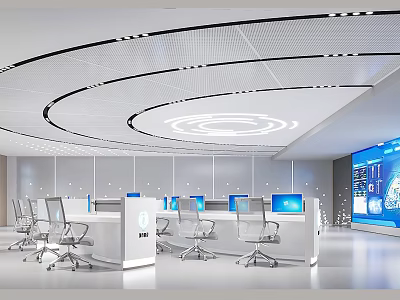 Modern Monitoring Room Interior With Digital Screens And Office Chairs 3d model