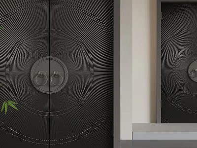 Black Security Door with Radial Lines Round Door Knocker and Bamboo Leaf 3d model