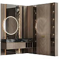 Modern Luxury Bathroom Vanity With Circular Mirror Marble Countertop And Wooden Texture Lighting