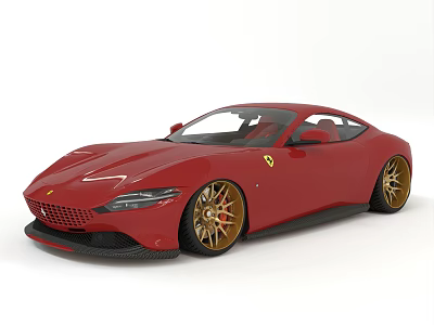 Red Ferrari Two Door Sports Car With Gold Wheels And Carbon Fiber Accents 3d model