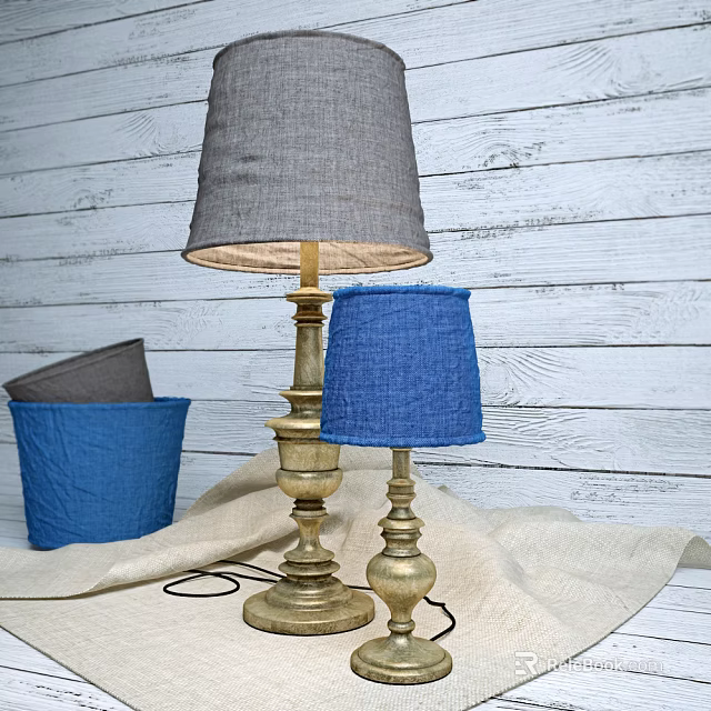 Vintage Table Lamps With Golden Bases Gray And Blue Fabric Shades On Wooden Wall Background 3d model 
