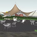 Park Landscape With Tent Like Canopy White Tables Chairs Stone Paved Area Green Trees