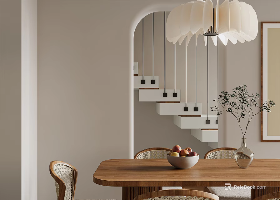 Charming Restaurant Interior With Arched Doorway White Chandelier Wooden Table And Wicker Chairs 3d model 