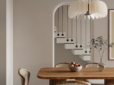 Charming Restaurant Interior With Arched Doorway White Chandelier Wooden Table And Wicker Chairs 3d model