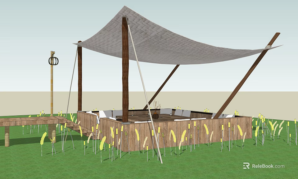 Campsite With Sail Shade Wooden Posts Fence Seats Lamp Post And Grass Area 3d model 