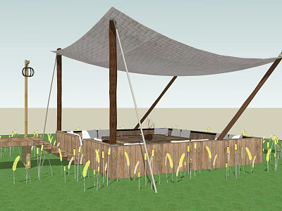 Campsite With Sail Shade Wooden Posts Fence Seats Lamp Post And Grass Area 3d model