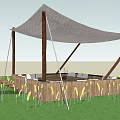 Campsite With Sail Shade Wooden Posts Fence Seats Lamp Post And Grass Area