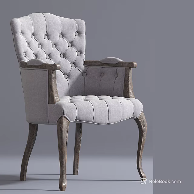 Classic Tufted Armchair With Light Gray Fabric Wooden Armrests And Legs 3d model 