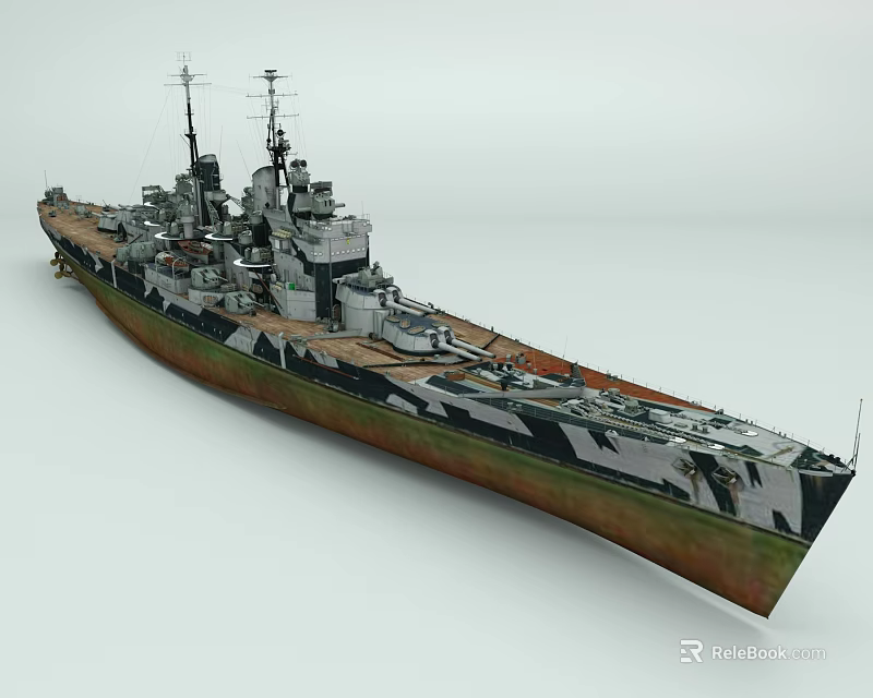 3D Battleship Model With Camouflage Paint Detailed Bridge Gun Turrets And Weathered Deck 3d model 