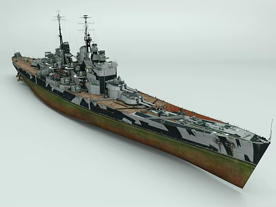 3D Battleship Model With Camouflage Paint Detailed Bridge Gun Turrets And Weathered Deck 3d model