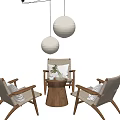 Cozy Wicker Chairs And Wooden Round Table Set With White Pendant Lights And Green Plant