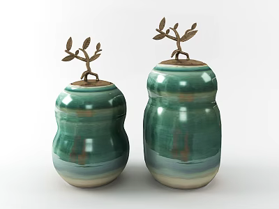 Green Ceramic Decorative Ornament Set With Metal Branch Lids And Gradient Colors 3d model
