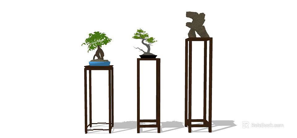 Three Bonsai Plants On Wooden Pedestals With Green Foliage And Decorative Stone 3d model 
