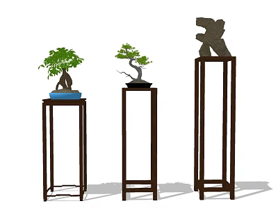 Three Bonsai Plants On Wooden Pedestals With Green Foliage And Decorative Stone 3d model