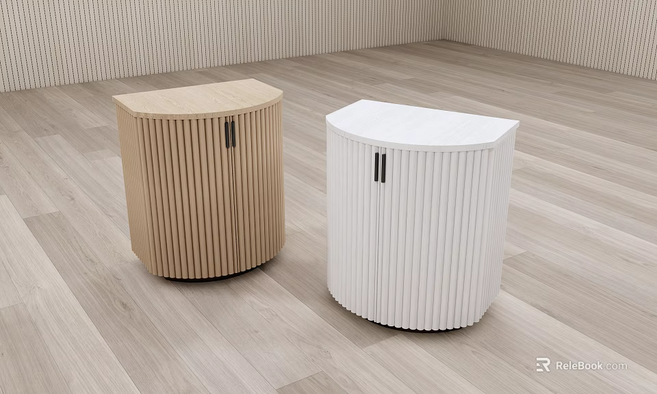 Two Wooden And White Curved Decorative Cabinets With Vertical Striped Surface On Light Wood Floor 3d model 