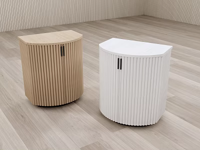 Two Wooden And White Curved Decorative Cabinets With Vertical Striped Surface On Light Wood Floor 3d model
