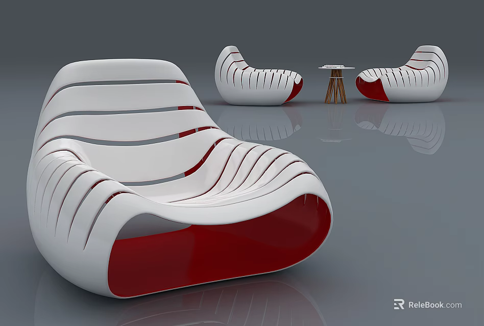 Modern Leisure Chair Featuring White Red Curved Lines Design And Matching Side Table 3d model 