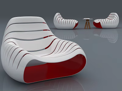 Modern Leisure Chair Featuring White Red Curved Lines Design And Matching Side Table 3d model