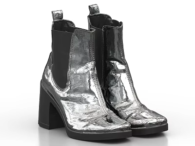 Stylish Silver Shiny Ankle Boots With Block Heel Chelsea Design And Elastic Side Panels 3d model