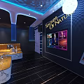 Stylish KTV Interior Design With Blue Walls Yellow Sofas And Coffee Tables