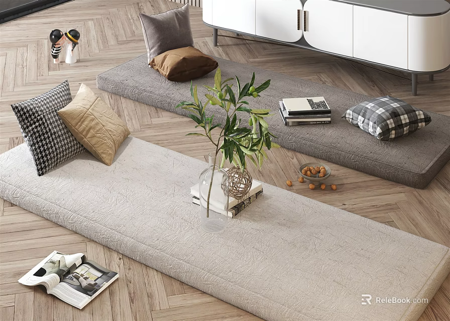 Stylish Home Living Supplies With Long Gray Cushions Decorative Pillows Green Plant And Books 3d model 