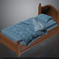 Traditional Wooden Bed With Mahogany Frame Blue Patterned Bedspread And Pillow