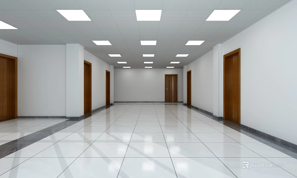 Elevator Hallway With White Walls Wooden Doors Ceiling Lights And Glossy Flooring 3d model 