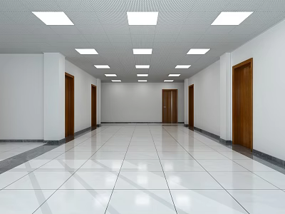 Elevator Hallway With White Walls Wooden Doors Ceiling Lights And Glossy Flooring 3d model