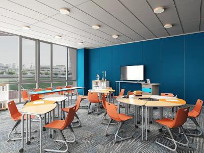 School Classroom With Blue Walls Orange Chairs And Round Tables 3d model