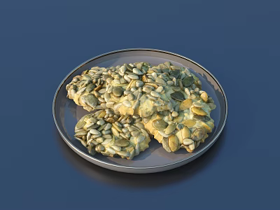 Delicious Crispy Cookies Topped With Pumpkin Seeds Served On A Round Metal Plate 3d model