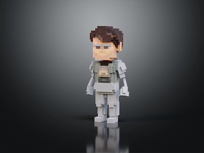 Pixel Style Character Model With Armor In Standing Pose On Black Background 3d model