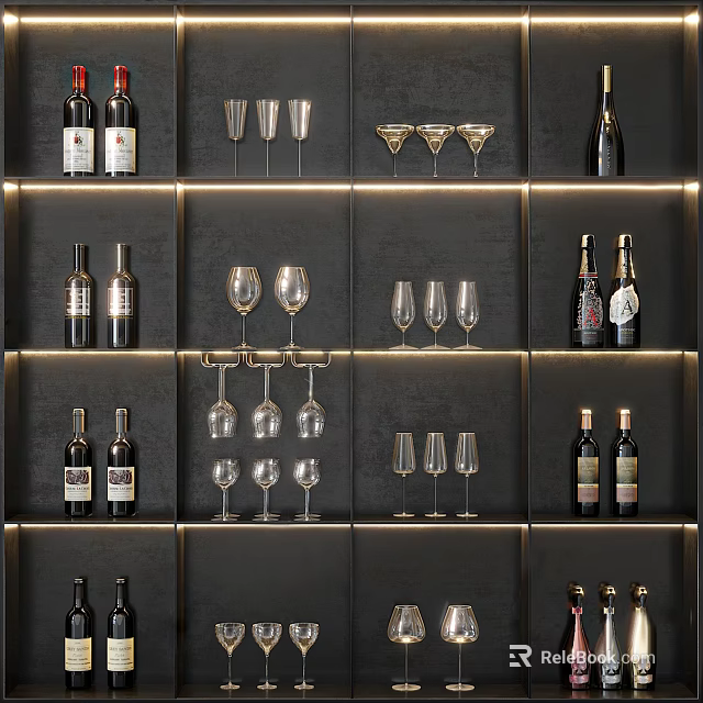 Elegant Wine Cabinet Design with Wine Bottles and Glasses on Illuminated Shelves 3d model 