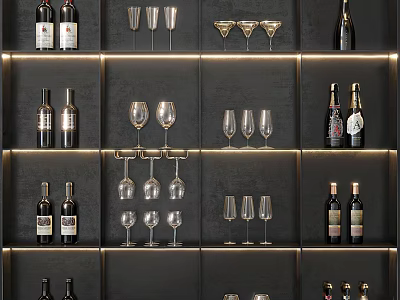 Elegant Wine Cabinet Design with Wine Bottles and Glasses on Illuminated Shelves 3d model