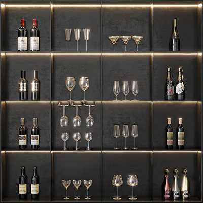 Elegant Wine Cabinet Design with Wine Bottles and Glasses on Illuminated Shelves 3d model