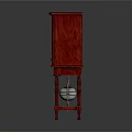 Vintage Red Wooden Cabinet Clock With Ornate Face Decorative Panel And Pendulum Ball