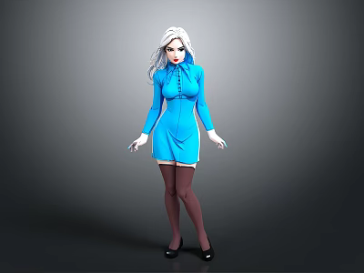 3D Character Model With White Long Hair Blue Dress White Gloves Black Stockings And Heels 3d model