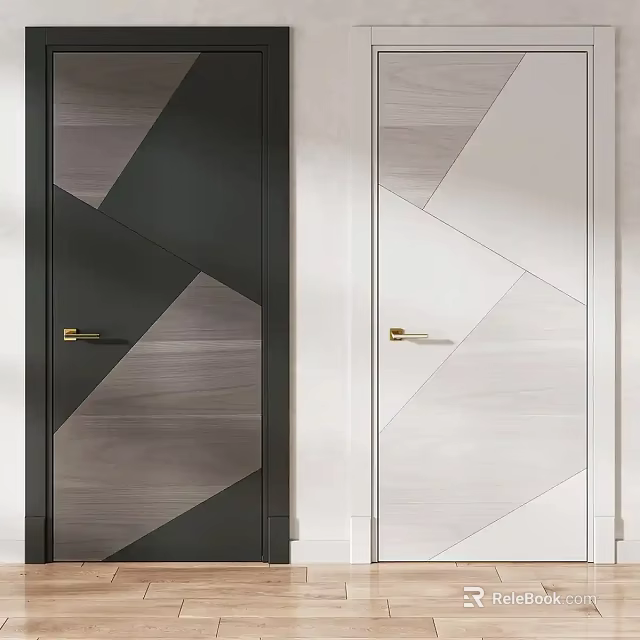 Modern Contemporary Swing Doors With Black White Gray Geometric Patterns And Golden Handles Wooden Panels 3d model 