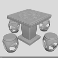 Outdoor Stone Table with Square Tabletop Pattern and Four Round Stools with Hollow Design 3d model