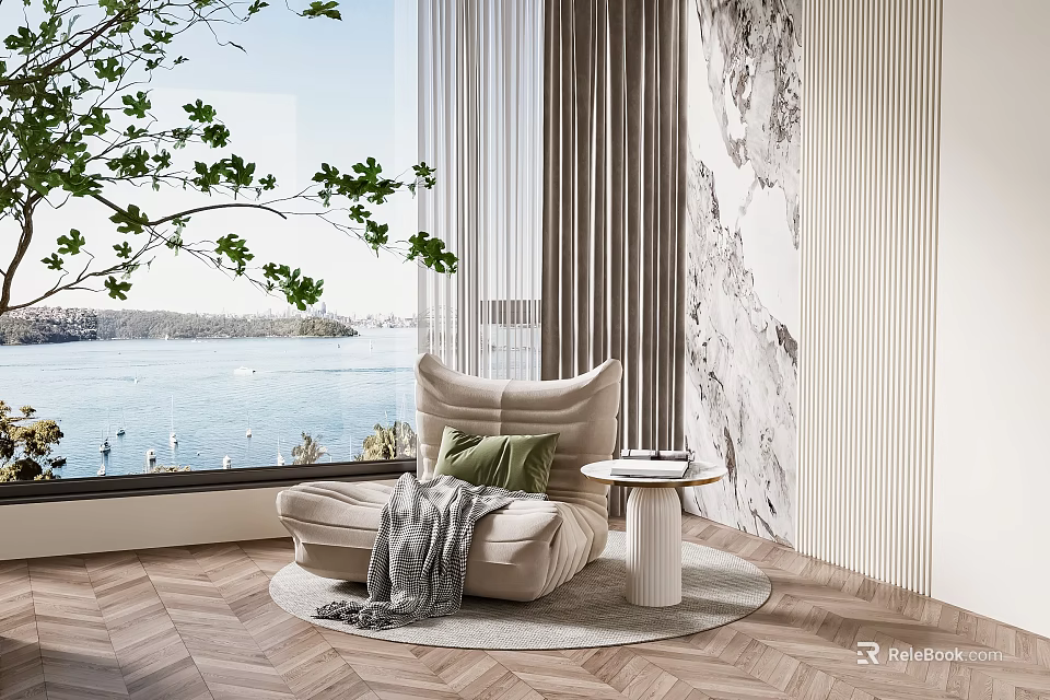 Comfy Lazy Sofa In Cozy Living Room With Window View Decorative Wall Art And Round Rug 3d model 