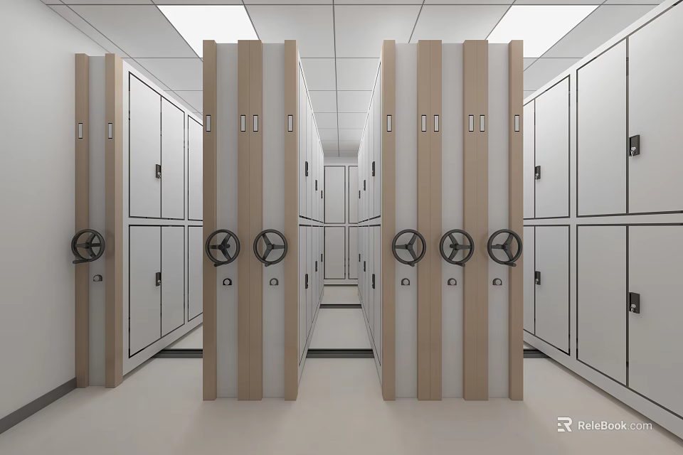 Organized Archive Storage Room With Mobile Shelves Metal Cabinets And Wooden Frames 3d model 