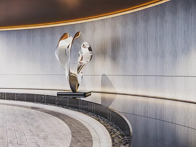 Modern Abstract Metal Sculpture In Contemporary Space With Curved Wall And Stone Pavement 3d model