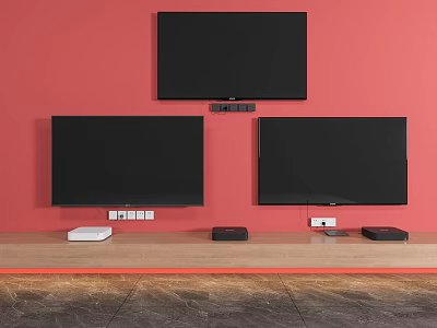 Three TVs Mounted on Red Wall With Wooden TV Stand And Media Devices 3d model