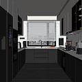 Modern Kitchen Interior With Dark Cabinets White Countertops Appliances Window Blinds And Recessed Lighting